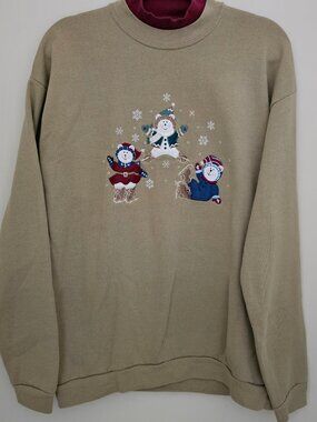 Pleasant Shade Christmas Bears Embroidered Crewneck Sweatshirt Tan Women XL